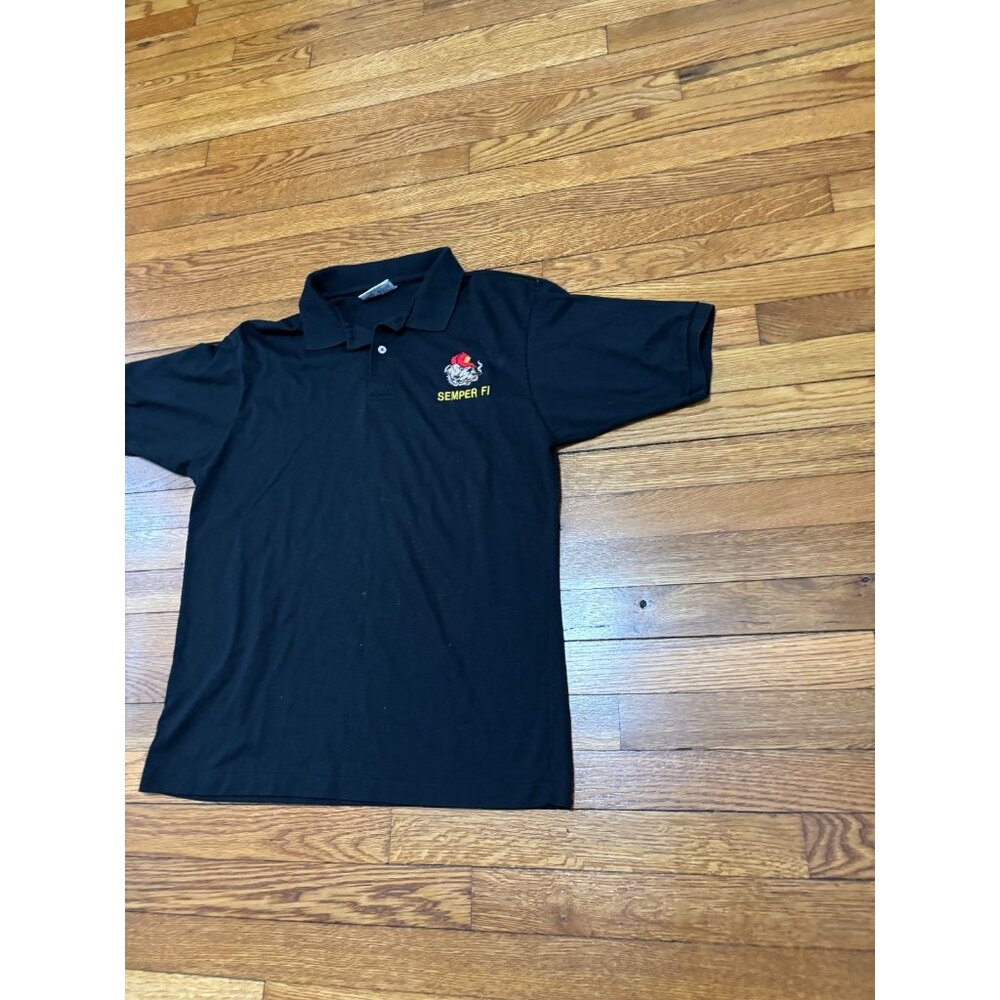 Vintage Hanes Mens US Marines Polo Shirt Sz Large Black Semper Fi Bulldog Cigar - Picture 2 of 7
